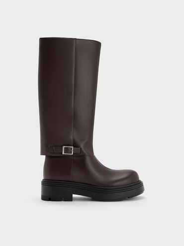 Burgundy Davis Buckled Fold-Over Boots | CHARLES & KEITH | Charles & Keith EU