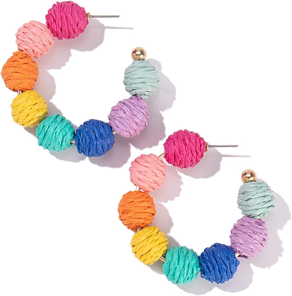 Raffia Hoop Earrings Statement Boho Beaded Earrings Cute Rattan Handmade Colorful Jewelry for Wom... | Amazon (US)