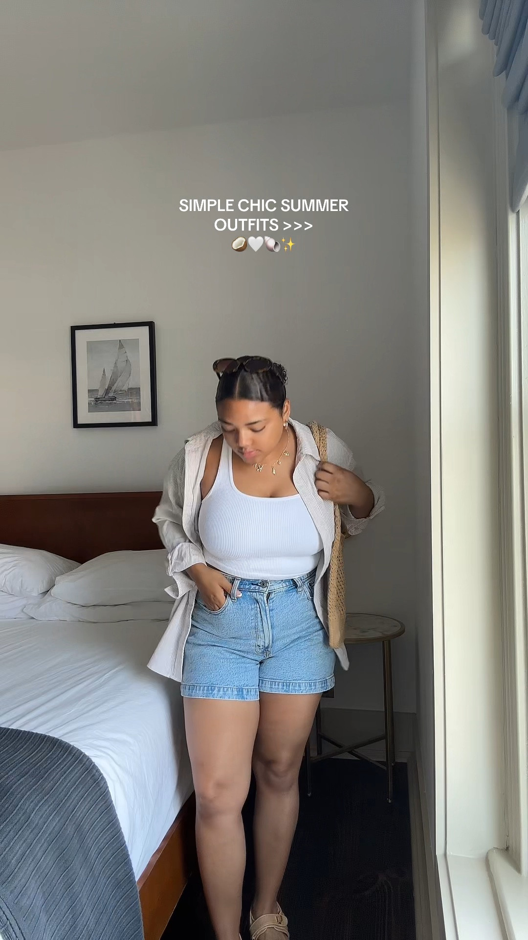 Simple summer outfit, summer ootd, summer outfit ideas, casual summer fit, denim shorts, jean shorts, denim shorts outfit, neutral outfit, linen button down, button down 