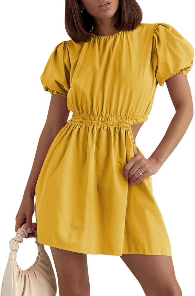 Fisoew Women 's Summer Dresses Cutout Puff Short Sleeve Casual Crewneck Elastic A-Line Mini Dress | Amazon (US)
