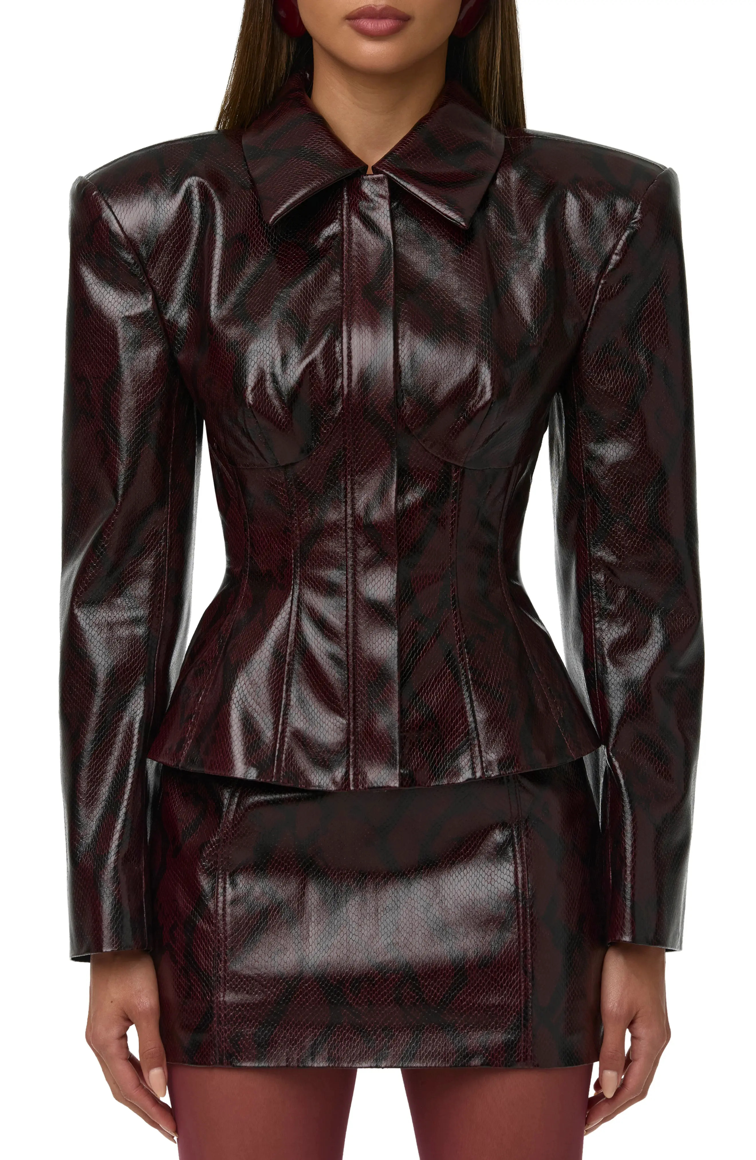 Naked Wardrobe Python Embossed Faux Leather Blazer in Burgundy Python at Nordstrom, Size Medium | Nordstrom