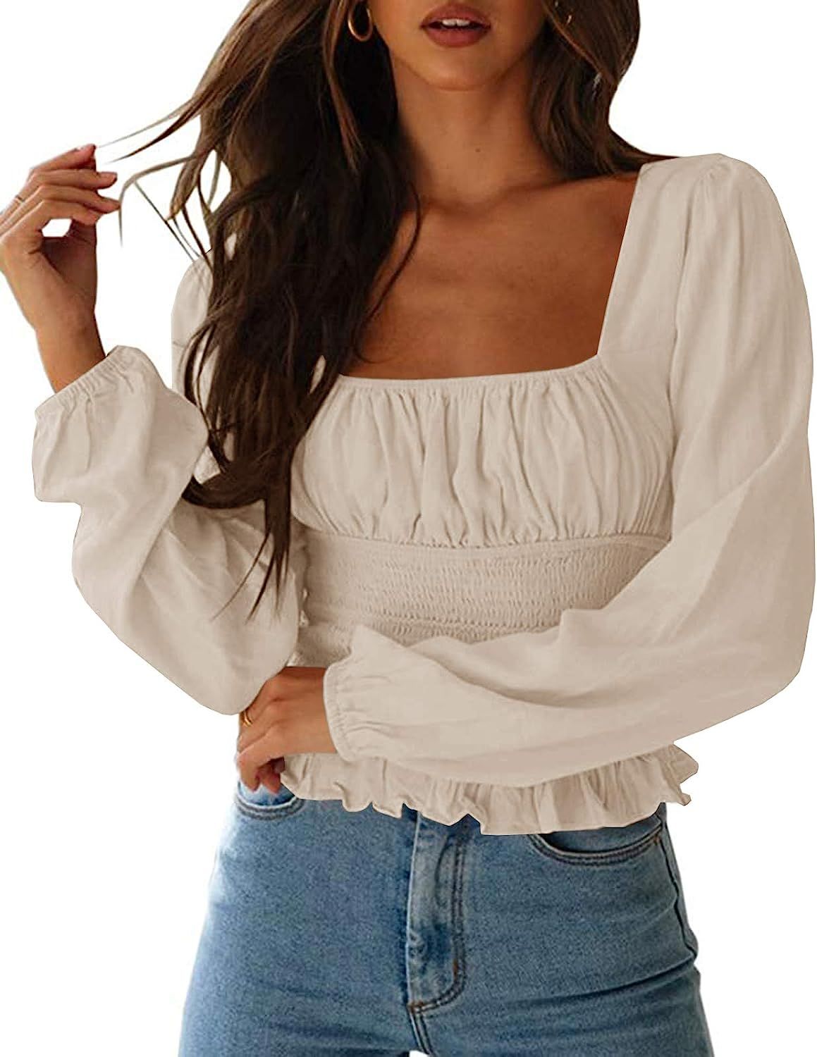CNJFJ Women's Sexy Frill Smock Crop Top Retro Square Neck Long Sleeve Shirred Blouse Tops | Amazon (US)