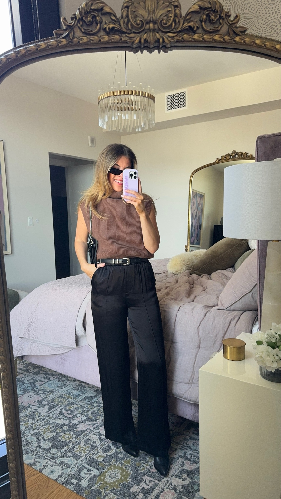 Wayf satin black pants and brown sleeveless mock turtle neck sweater from Nordstrom fall workwear capsule collection looks in my usual small/2 shop the Nordstrom anniversary sale today!

#LTKFindsUnder100 #LTKxNSale #LTKWorkwear