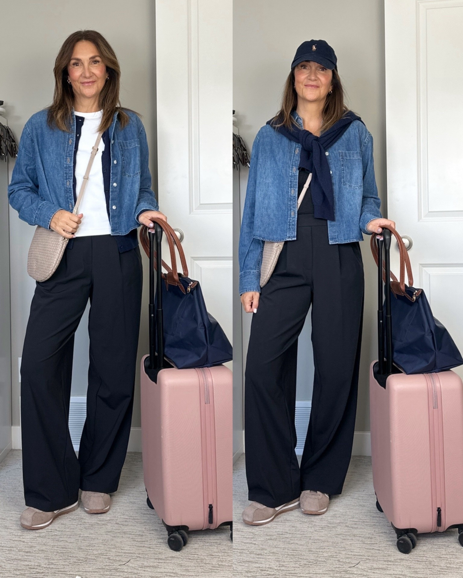 Travel fit, all about those layers! 
I’m 5’ 7” tall size 4ish wearing my usual size S (32” inseam) in the trousers, they are stretchy material and jut pull on, S in the short denim shirt and M in the cashmere cardigan. 
Sneakers fit tts.
I wear the same pants, sneakers and cardigan/jacket and make sure to pack an extra pair of socks and one tee for the trip home.
I usually tuck my cross body bag into my personal item or button up my coat and hide it in there. 


#LTKSeasonal #LTKootd #LTKTravel