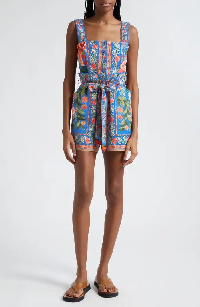 Stitched Garden Floral Belted Linen Blend Romper | Nordstrom