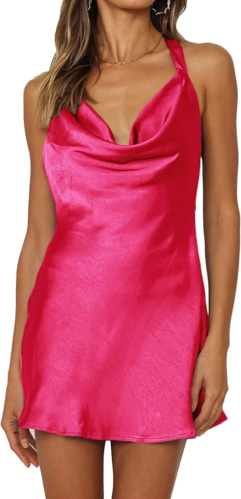 LYANER Women's Satin Silk Cowl Neck Halter Self Tie Back Cocktail Bodycon Short Dress | Amazon (US)