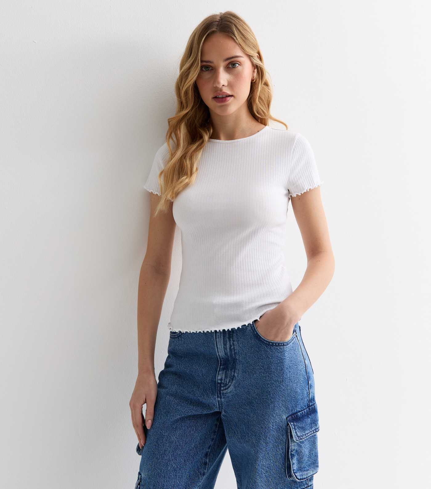 White Soft Stretch-Cotton Frill-Trim T-Shirt | New Look | New Look (UK)