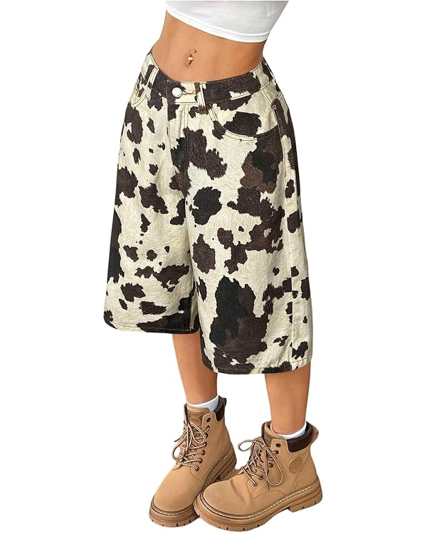 WDIRARA Women's Camo Cargo Shorts Low Rise Baggy Denim Shorts Streetwear Wide Leg Bermuda Shorts | Amazon (US)