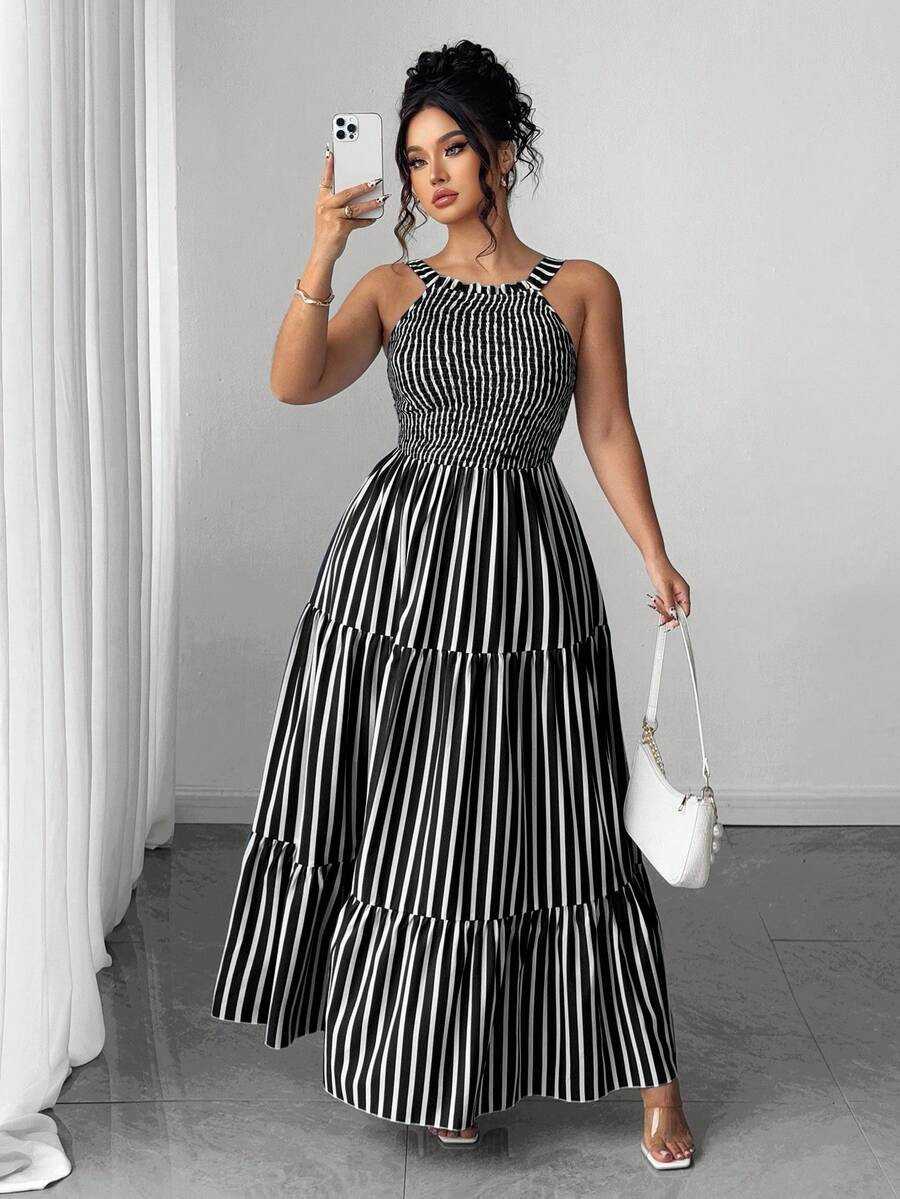 Elenzga Plus Size Black White Striped Halter Tiered Dress, Sleeveless Smocked Flowy Cake Long Dress, Spring Break Easter Casual Halloween Dress For Women | SHEIN