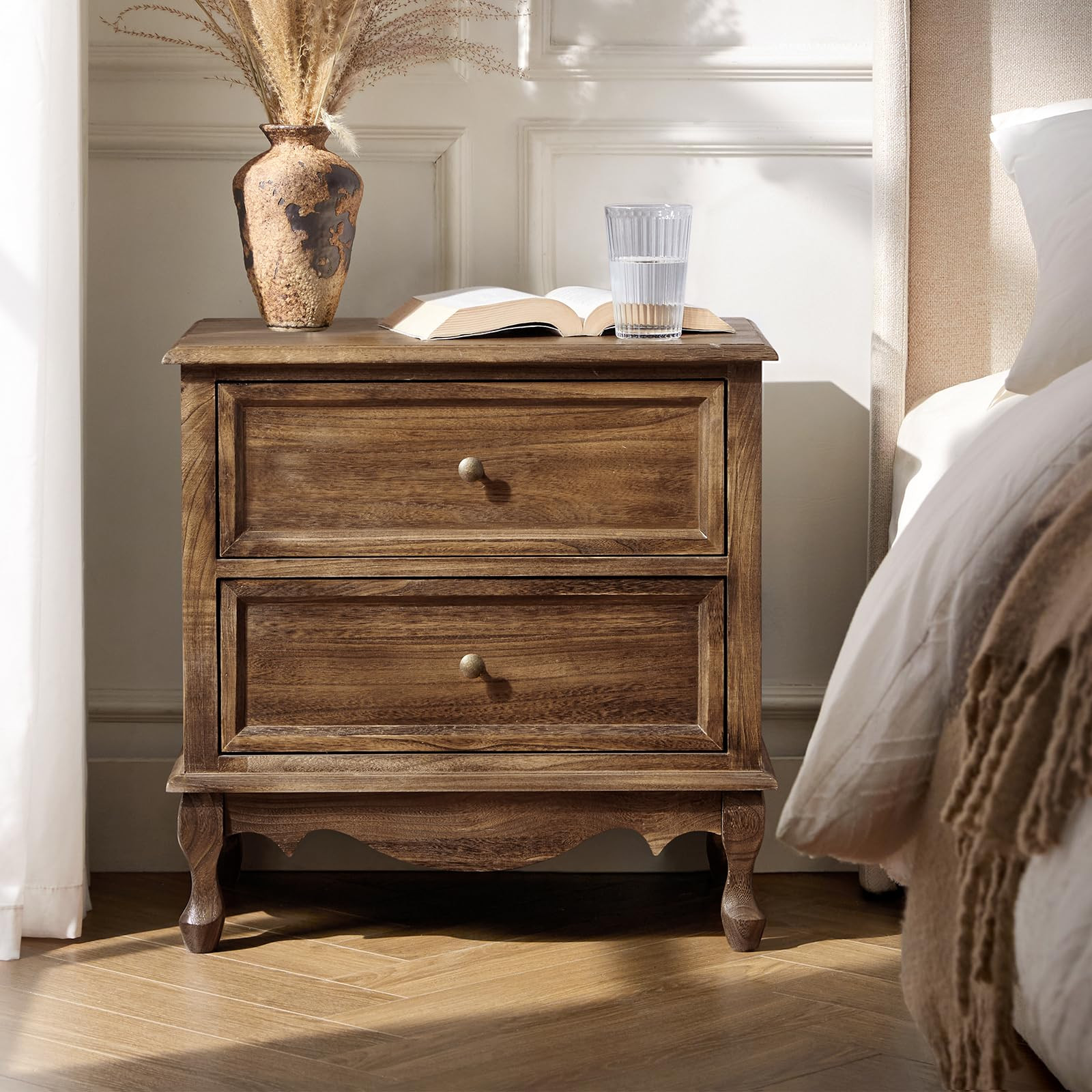 HULALA HOME Wood Nightstand with Charging Station Space, Bedside Table 2 Drawer Dresser with Draw... | Amazon (US)