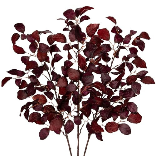 Arborus 3PCS Artificial Fall Leaf Stems Autumn Leaves Fake Fagus Sylvatica Folige Burgundy Faux Beech Leaf Branch, Long Stems for Floral Arrangements Autumn Decoration | Amazon (US)
