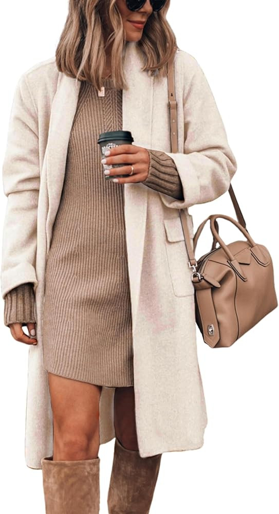 Hooever Women's Long Cardigan Wool Coat Open Front Pockets Warm Lapel Jacket Coat 2024 Fall Outer... | Amazon (US)