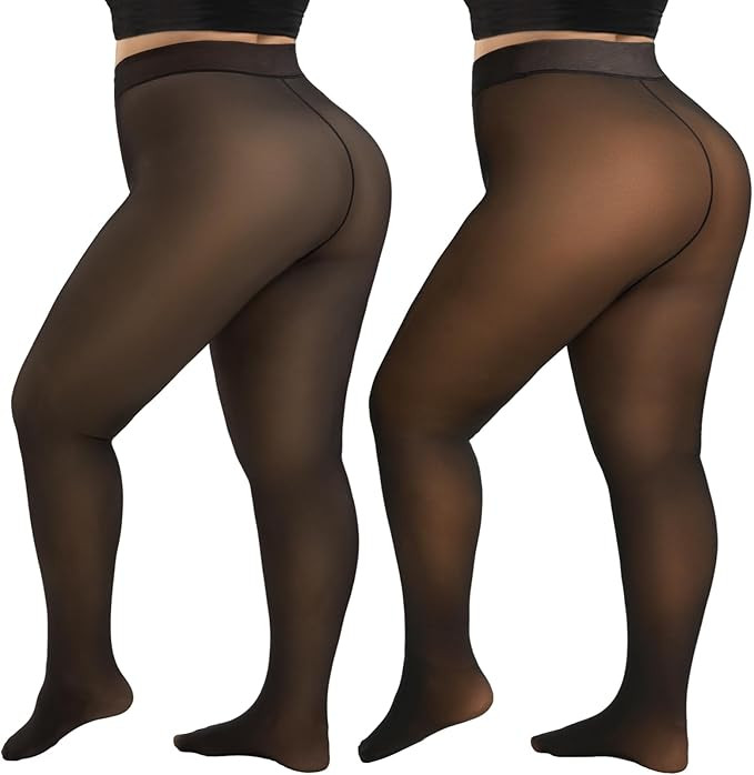 HONGTEYA 2 Pairs Plus Size Fleece Lined Tights Women, Fake Translucent Thermal Tights Pantyhose S... | Amazon (US)