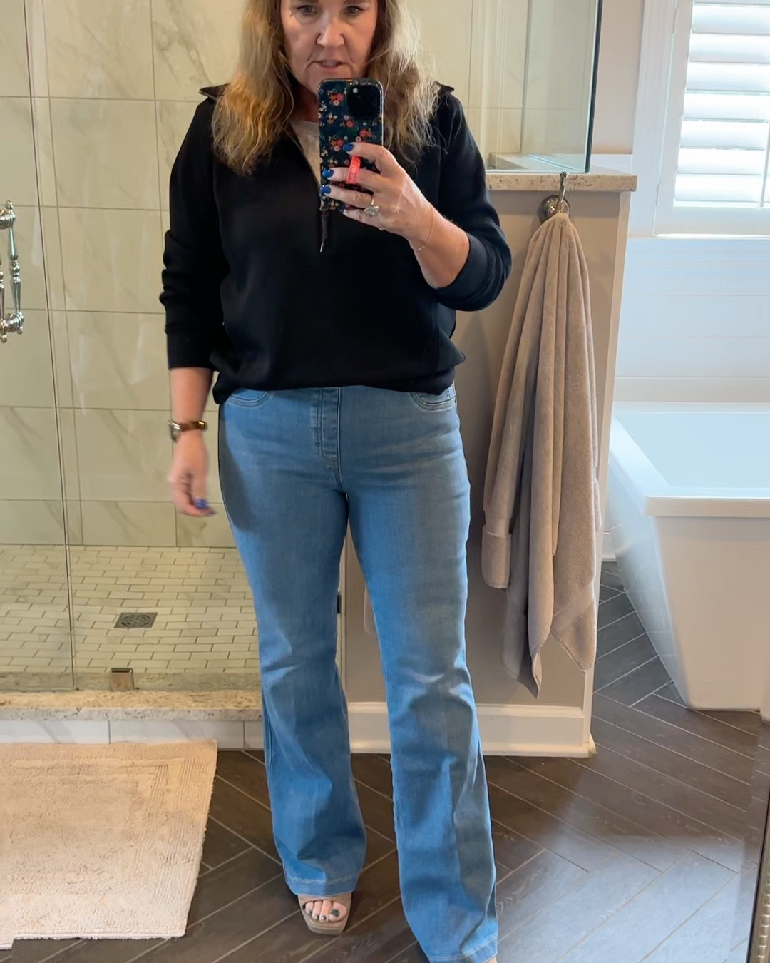 Trying on a couple pairs of new premium denim. Love the lighter spanx wash here. Get your larger size. Lots of nice tummy control but stretch denim. I always feel so good in these. 10% off code NANETTEXSPANX I am wearing the petite
The second  pair is mother denim flares from Nordstrom. A bit more casual with this wash. I’ll link a few other washes that are in stock. In mother denim I size up 2 sizes! 

Can’t beat the air essential quarter zip back in stock in black! 

My top is from an Amazon 2 piece set. It’s quite casual. But will work for a travel outfit 

#LTKSeasonal #LTKMidsize #LTKOver40