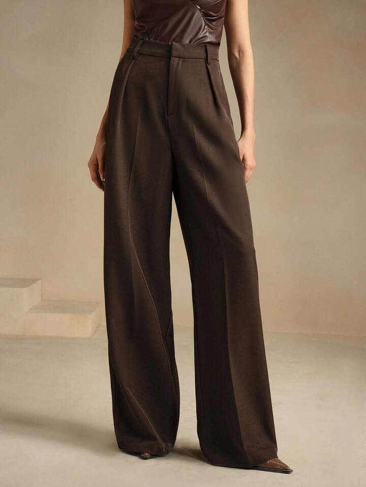 Anewsta Women Solid Color Pleated High Waist Straight Leg Palazzo Pants | SHEIN