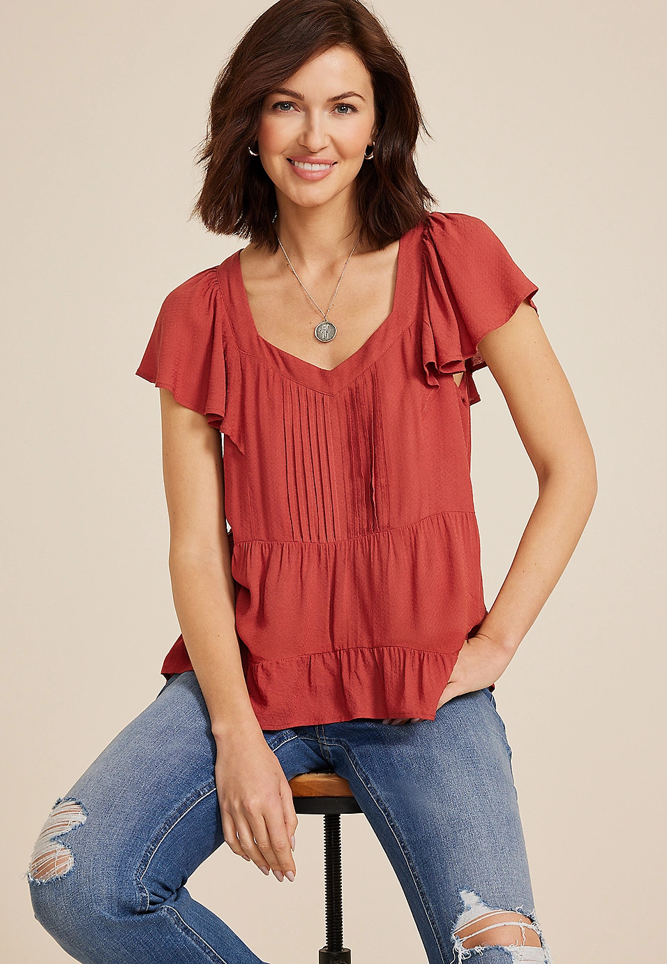 Flutter Sleeve V Neck Blouse | Maurices