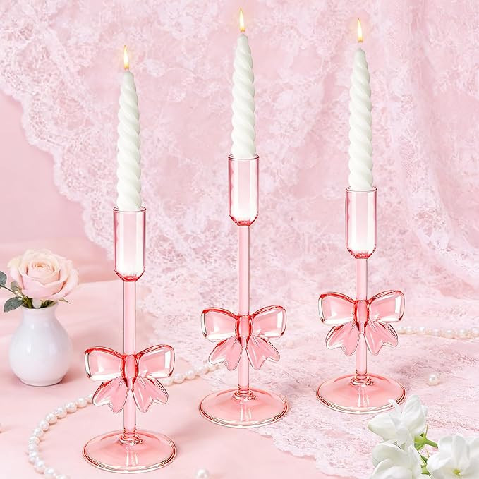 X-Kingsun 3Pcs Bow Candle Holders Pink Bow Glass Candlestick Holders Decor Crystal Candle Holders... | Amazon (US)