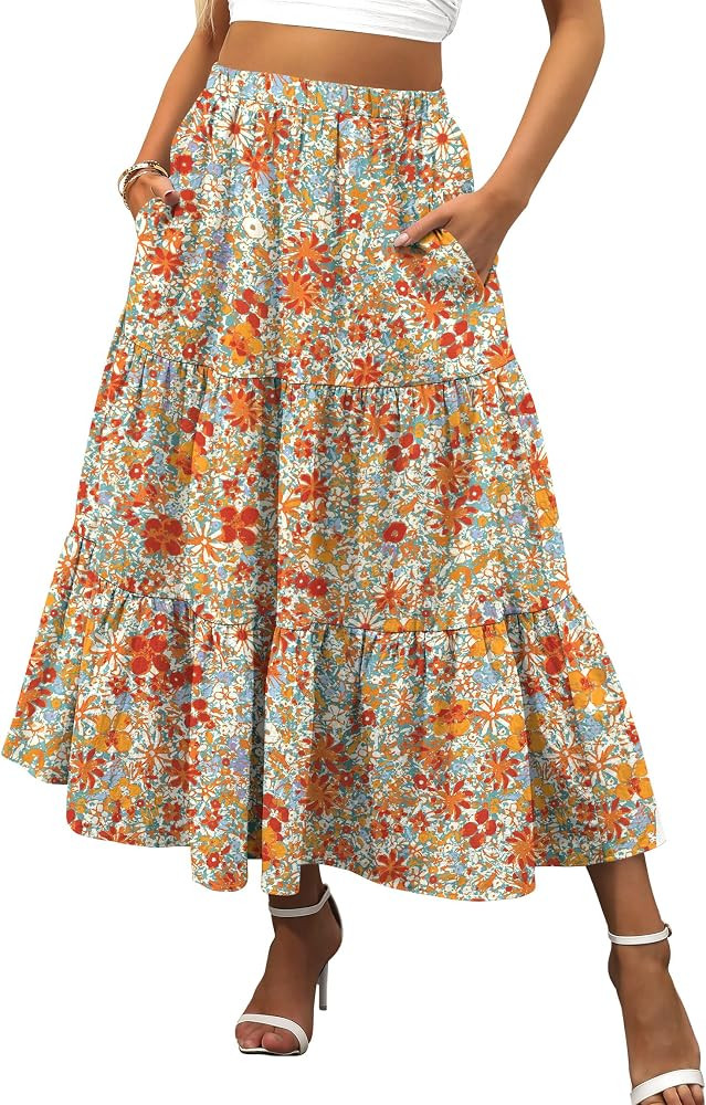 ANRABESS Women’s Summer Boho Flowy Swing Tiered A-Line Maxi Skirt 2026 Fashion Trendy Elastic Waist Pleated Long Beach Dress | Amazon (US)
