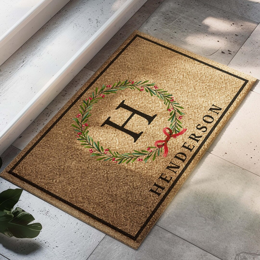 Personalized Christmas Wreath Doormat- Holiday Mat- Christmas Door Decor- Santa Doormat- Holiday ... | Etsy (US)