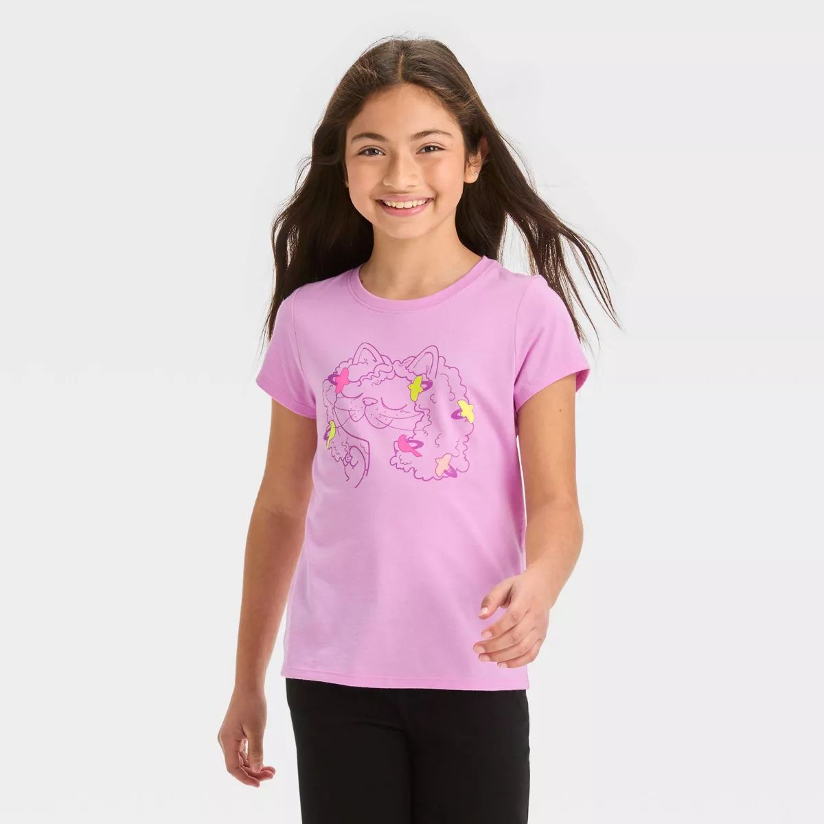 Girls' Short Sleeve 'Hair Clip Cat' Graphic T-Shirt - Cat & Jack™ Lavender | Target