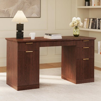 BALHAM TRADE-58 Fluted Modern Storage Desk with 1 File Cabinet 5 Drawers Wood Executive for Home Office Dark Walnut 22"D x 58"W x 30"H | Target