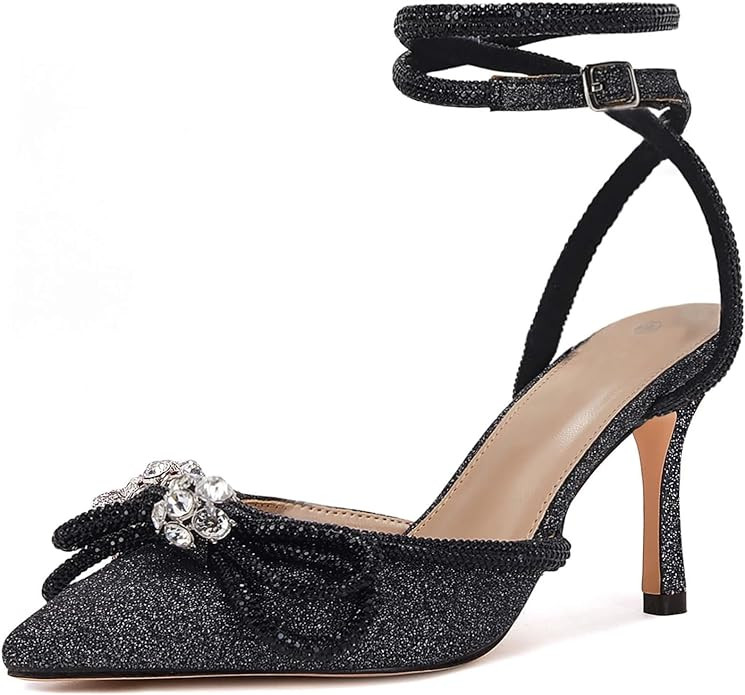 VETASTE Women's Double Bow Pointed Toe Ankle Strap Crystal Pumps Wedding Bridal Party Stilettos B... | Amazon (US)
