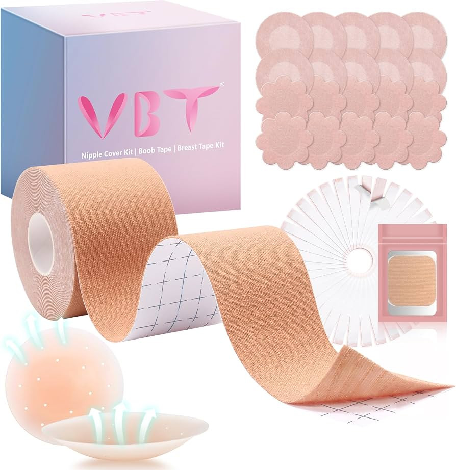 VBT Boob Tape, Breast Tape for Breast Lift with 1 Breast Lift Tape, 10 Pairs Satin Bra Petals, 1 ... | Amazon (US)