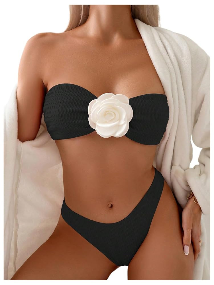 MakeMeChic Women's Two Piece Bikini Set 3D Flower Textured Strapless Bandeau Tie Back Bathing Sui... | Amazon (US)