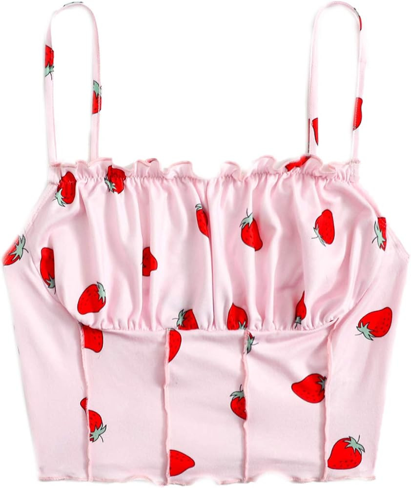 SweatyRocks Women's Ruched Frill Trim Spaghetti Strap Crop Cami Tank Tops Camisole | Amazon (US)