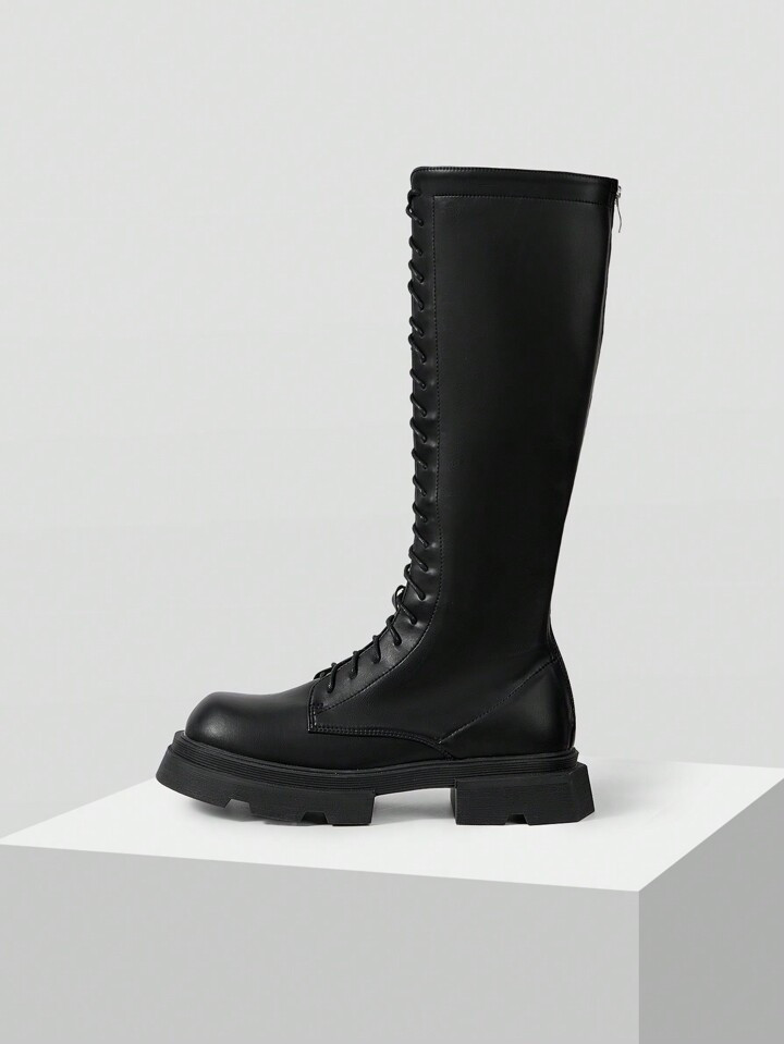MOTF PREMIUM Botas Altas De Mujer Con Punta Redonda, Plataforma Gruesa Y Cordones | SHEIN