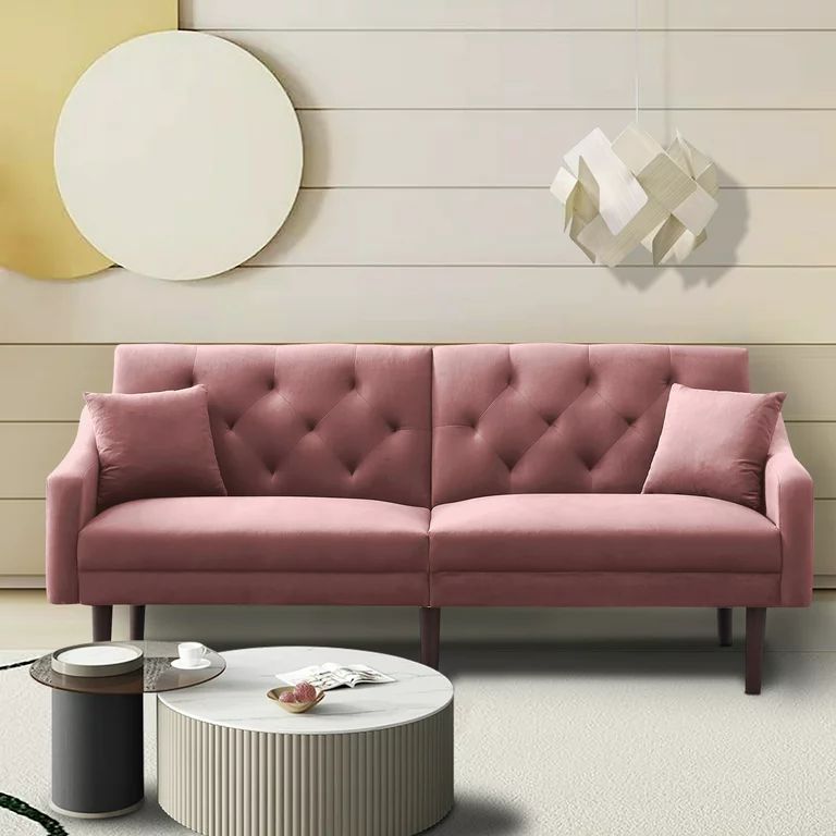 Modern Futon Sofa Bed, Convertible Folding Velvet Sofa Bed with Rubber Wood Legs, 2 Pillows, Mid ... | Walmart (US)
