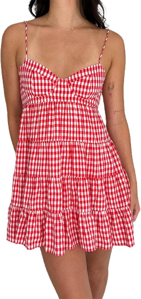 Women Summer Plaid Mini Dress Casual Y2k Gingham Spaghetti Strap Going Out Outfit Cute Flowy Swin... | Amazon (US)