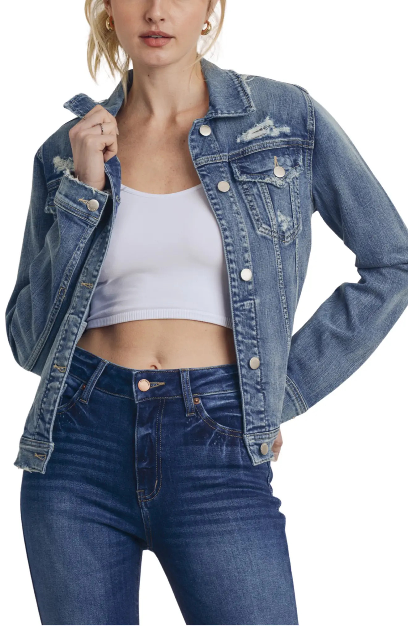 Women's L.t.j Crop Distressed Denim Jacket, Size Large - Blue | Nordstrom