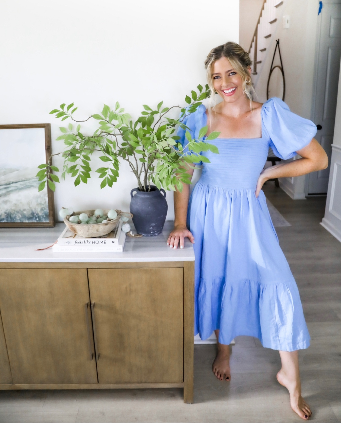 emerson linen-blend puff sleeve midi dress Abercrombie & Fitch milkmaid maxi Dress in Blue floral print