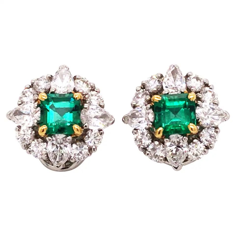 Oscar Heyman, Platinum Emerald Diamond Earrings | 1stDibs