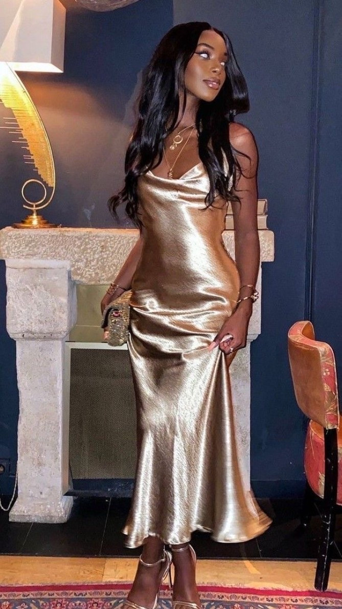 Gold satin dress 
Gold heel sandal

#LTKPetite #LTKWedding #LTKBeauty