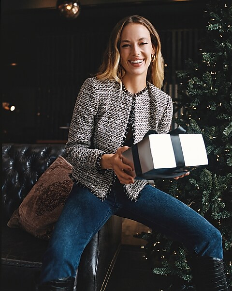 Strong Shoulder Gold Button Tweed Jacket | Express