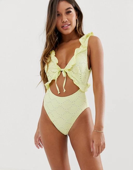 ASOS DESIGN broderie frill pretty plunge swimsuit in yellow | ASOS US
