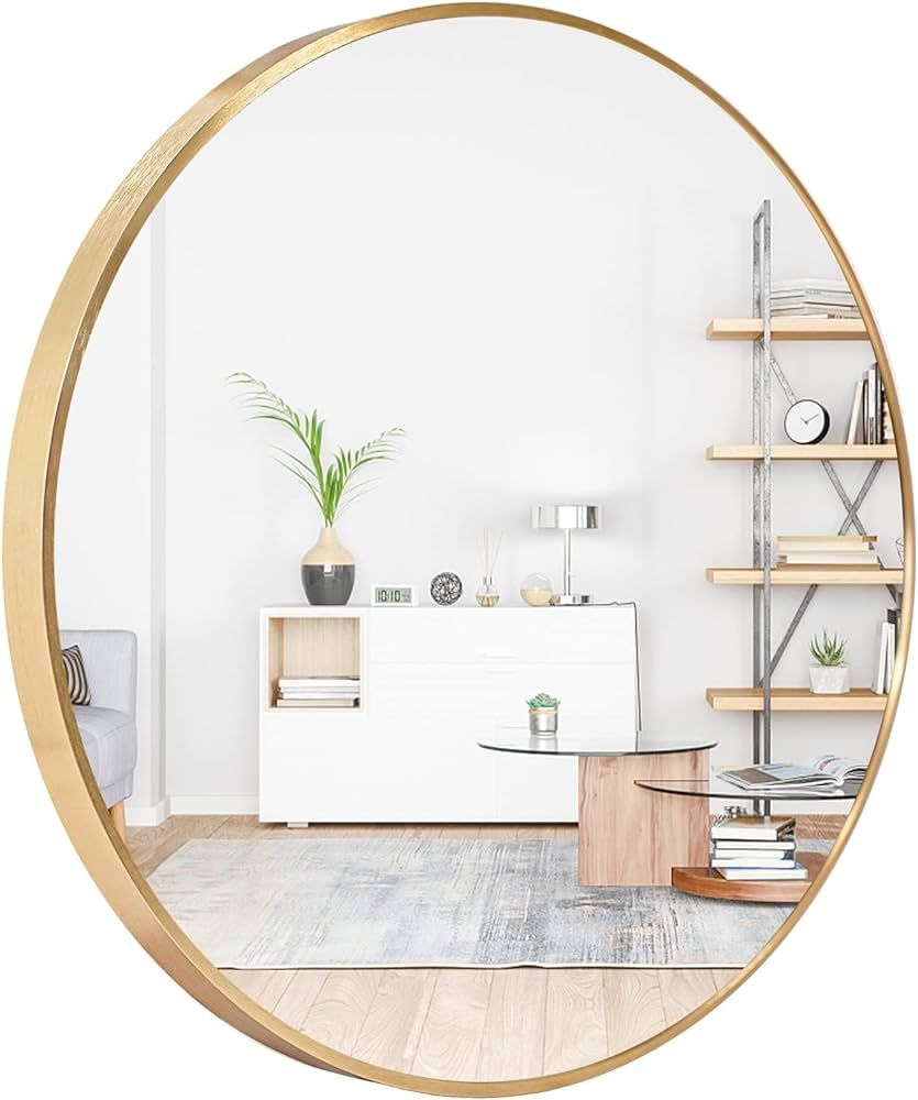 Amgngala Gold Round Mirror 24 Inch, Circle Mirrors with Hooks and Metal Framed, Round Wall Mirror... | Amazon (US)