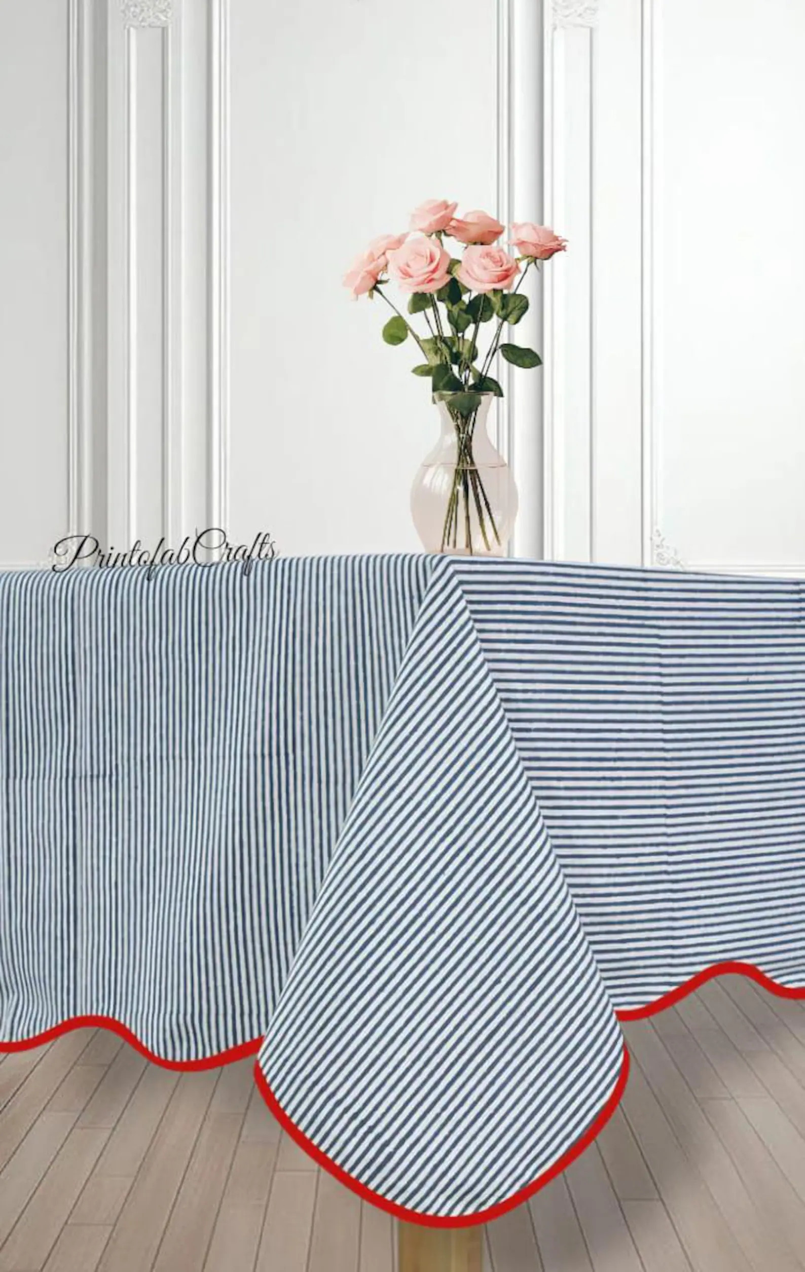 PF Hand Block Print Cotton Tablecloth: Light Blue Grey Mix Stripe with Red Piping | Etsy (Global)