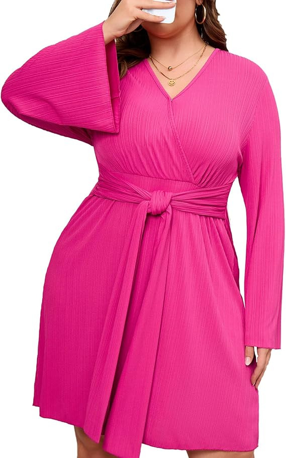 KOJOOIN Women's Plus Size Dress Elegant Long Bell Sleeve V Neck Wrap Dresses Belted Wedding Guest... | Amazon (US)