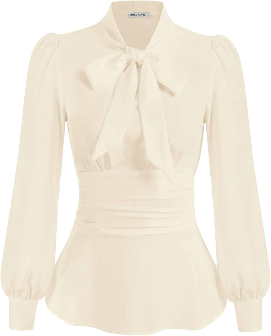 GRACE KARIN Women's Office Bow Tie Blouse Puff Sleeve Peplum Dressy Shirt Smocked Waist | Amazon (US)