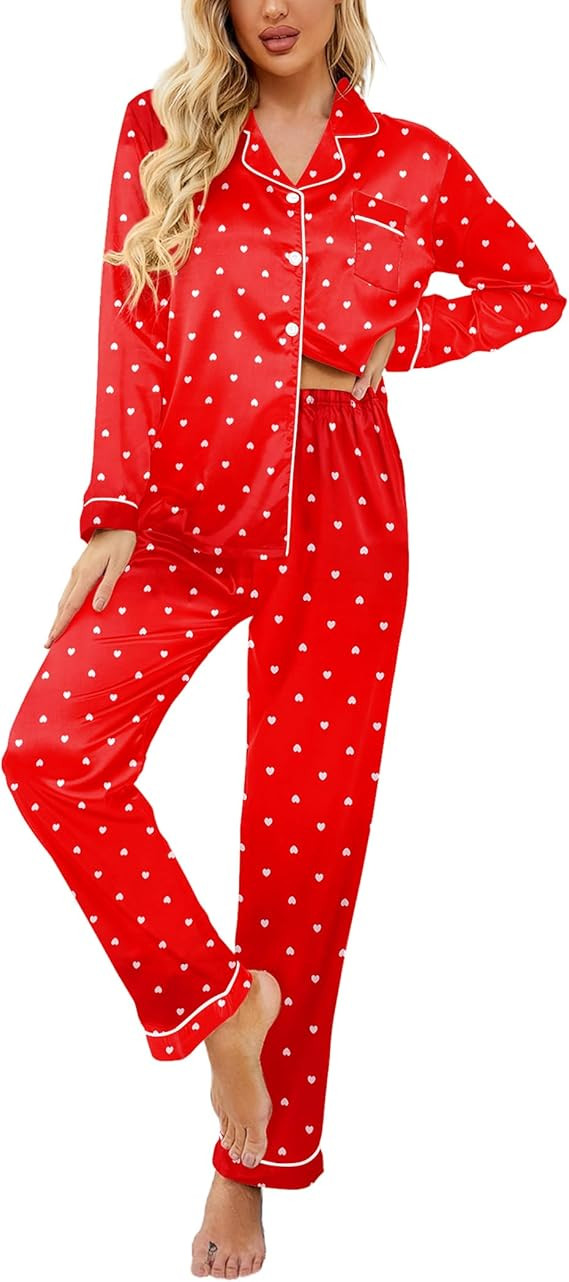Ekouaer Womens Satin Pajama Set Classic Pattern Silky Pj Sets Button Down Sleepwear Loungewear | Amazon (US)