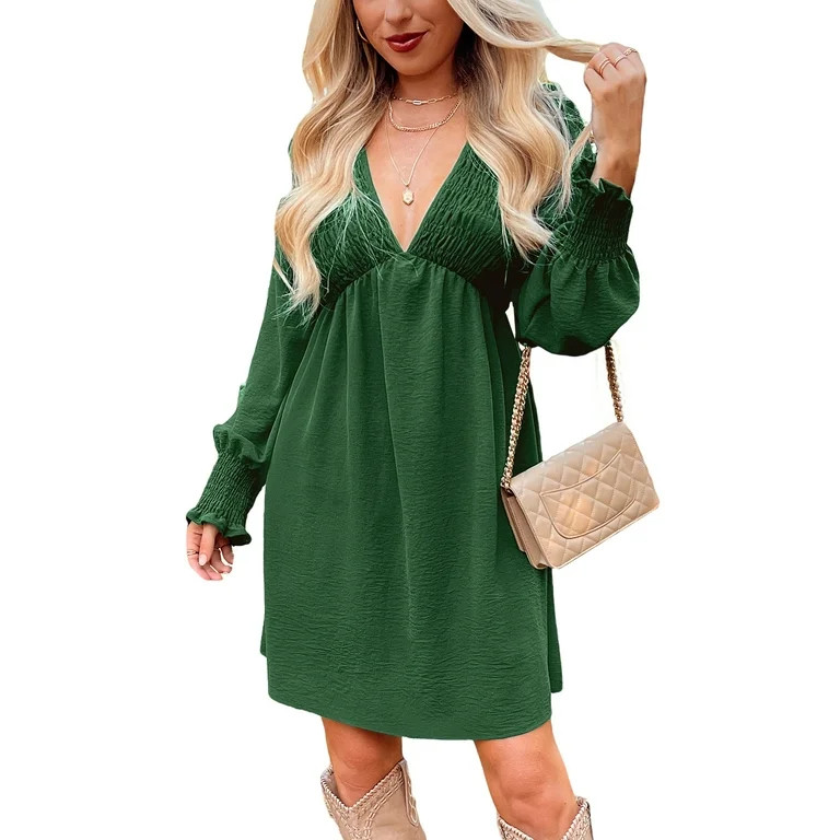 Cupshe Women's V-Neckline Smocked Trim Empire Waist Long Bishop Sleeves Mini Flowy Silhouette Dre... | Walmart (US)