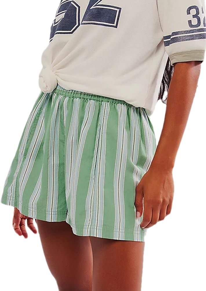 Women's Summer Striped Casual Shorts Elastic High Waist Straight Leg Lounge Shorts with Pockets | Amazon (US)