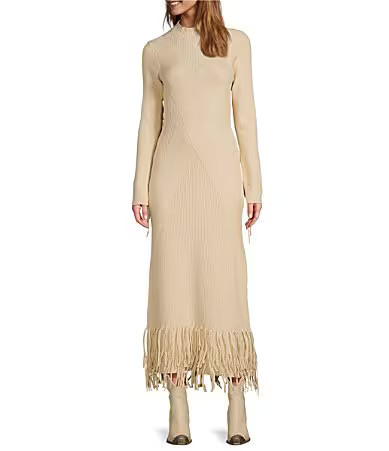 Every Ribbed Knit Mock Neck Long Sleeve Criss Cross Bodycon Tiered Fringe Maxi Sweater Dress - M | Dillard's