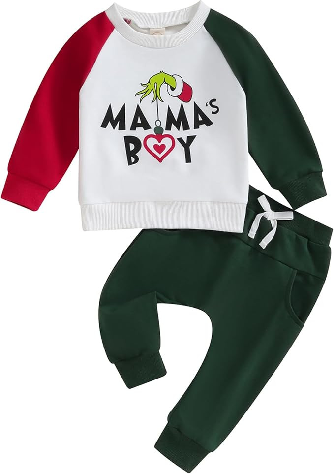 Baby Toddler Boy Christmas Clothes Mama's Boy Letter & Monster Hand Print Long Sleeve Outfit | Amazon (US)