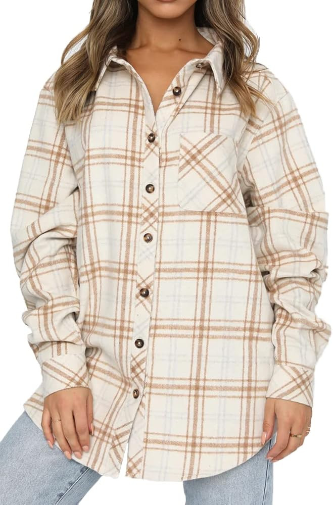 CHYRII Women's Casual Flannel Plaid Shacket Button Down Long Sleeve Shirt Jacket Coats | Amazon (US)