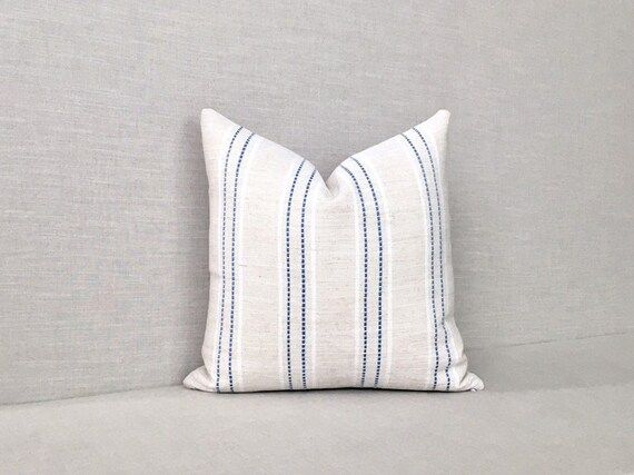 Cream and Blue Striped Pillow Cover // Blue and Beige // Woven Textured Pillow Cover // Ticking S... | Etsy (US)