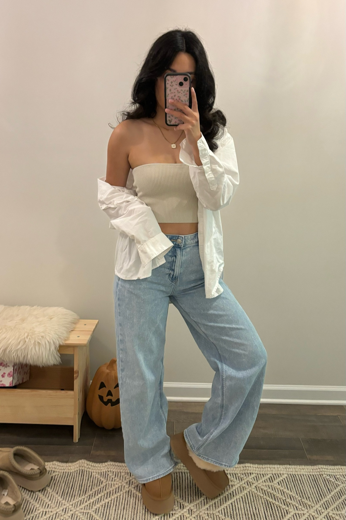AE super hi rise baggy wide leg jean, aritzia sculpt knit tube top in matte pearl, Ugg funkette slippers

#LTKStyleTip #LTKFindsUnder100 #LTKFindsUnder50